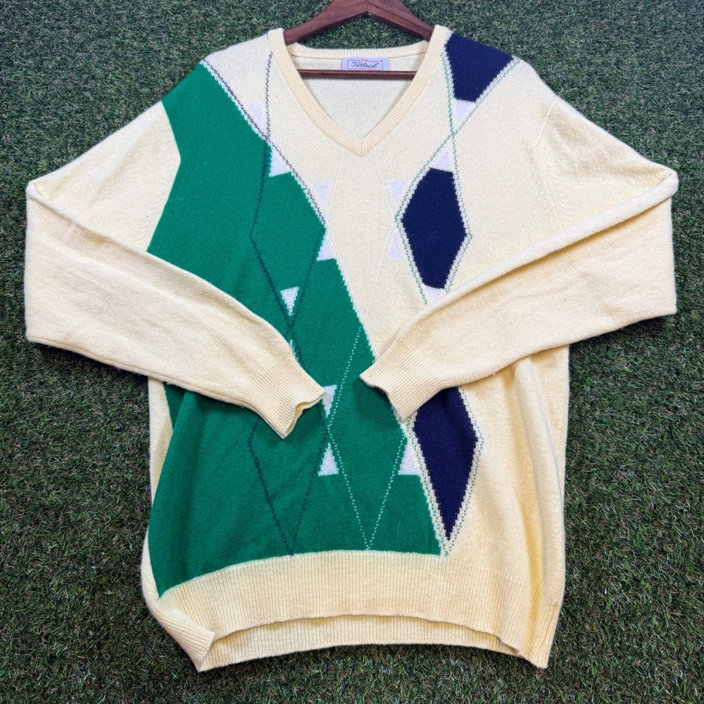 Vintage Titleist Collection Lambswool V-Neck Sweater Argyle Golf Yellow Mens L